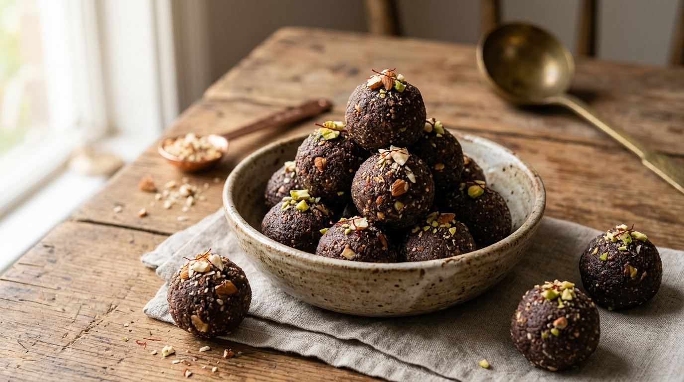 Handcrafted Dry Fruit Laddus in Rustic Stoneware Bowl